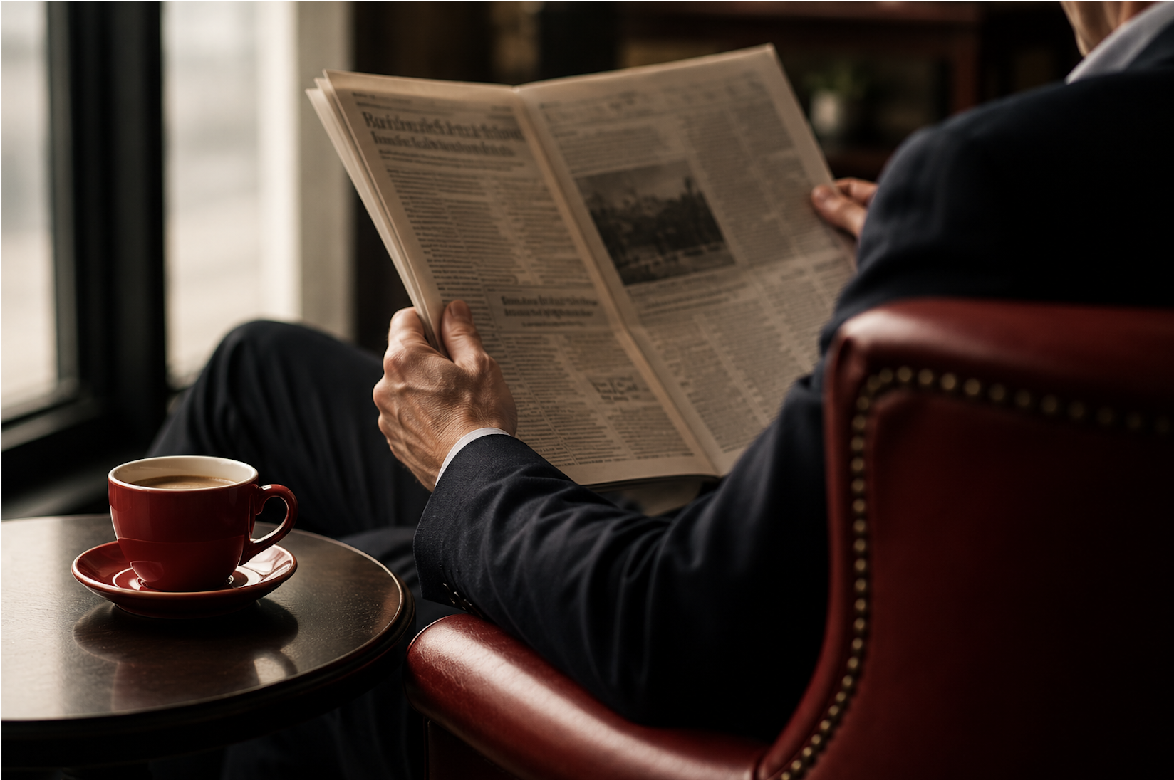 Executive reading the newspaper with coffee