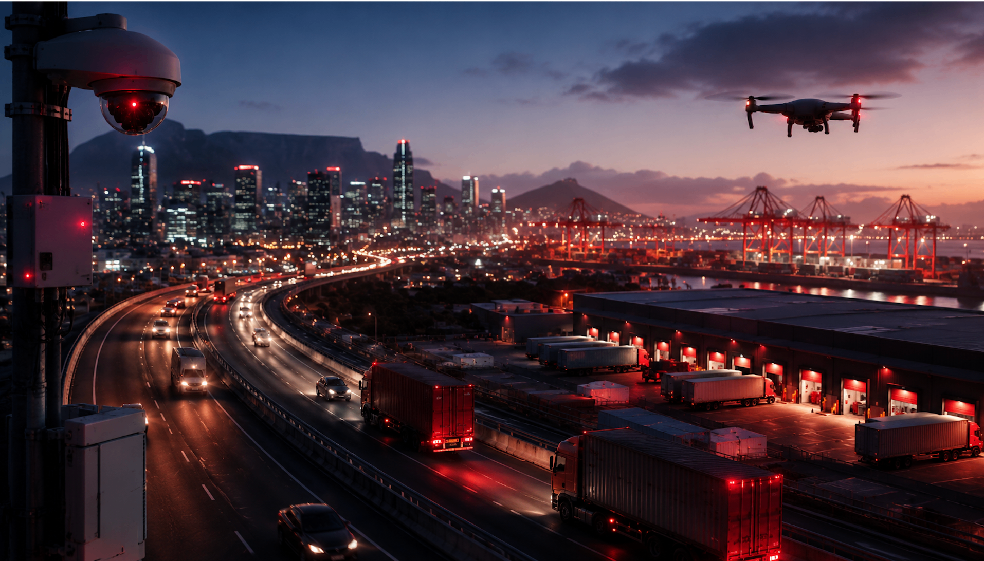Connected city at dusk — IoT, surveillance, logistics and payments connectivity
